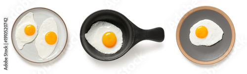 Fotografija Set of tasty fried eggs on white background, top view