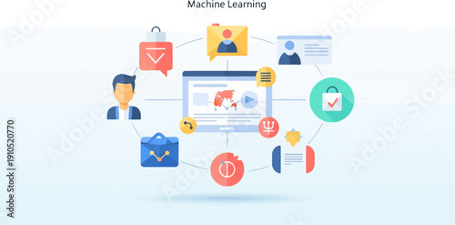 Digital connections diagram with world map and icons representing data and services
