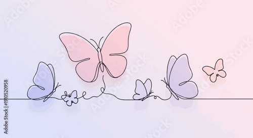 Delicate pastel butterflies rendered in a single line art style float gracefully