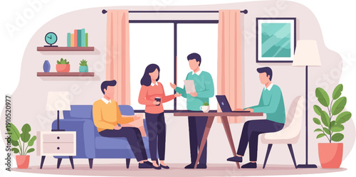 Flat illustration of people collaborating in a modern living room workspace