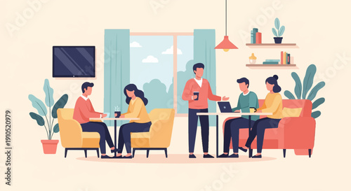 Flat illustration of people in a cafe enjoying drinks and working