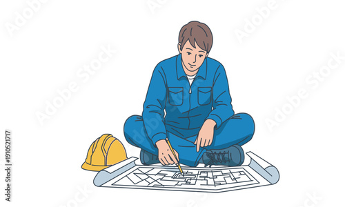 A character illustration of a male engineer or architect sitting cross-legged on the floor. He is wearing blue overalls and using a pencil to review a set of technical blueprints spread out before him