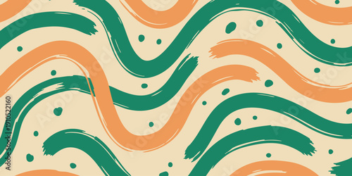 Abstract wavy lines and dots pattern in green and orange on a seamless background
