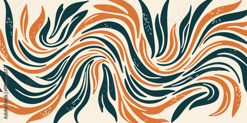 Vibrant swirling leaves pattern in orange and green hues, creating a dynamic botanical illustration