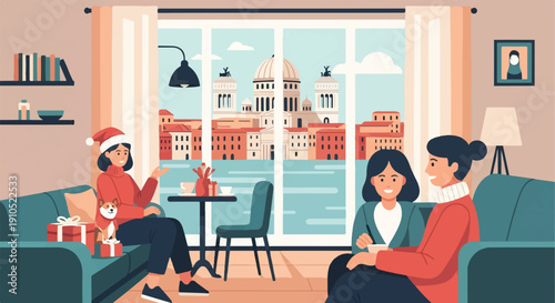 Festive indoor scene with people, dog, and cityscape through window