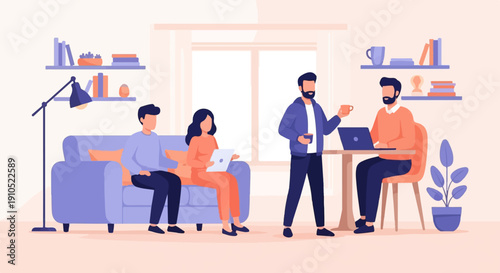 Flat illustration of people working and relaxing indoors