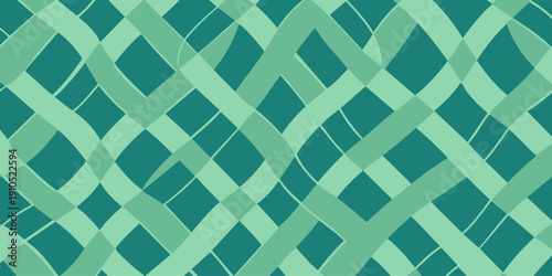 Interlocking geometric pattern with crisscross design in shades of green forming a lattice structure