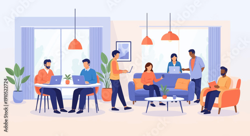 Diverse group of people working and relaxing in a modern, well-lit shared space