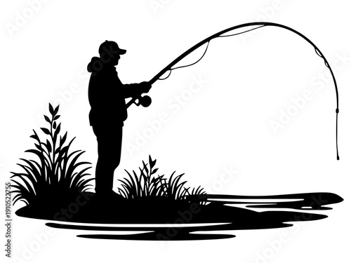 Ein Angler beim Auswerfen der Rute als geschlossene Silhouette. Perfekt für Outdoor-, Hobby- oder Vereinsgravuren.ki Generiert