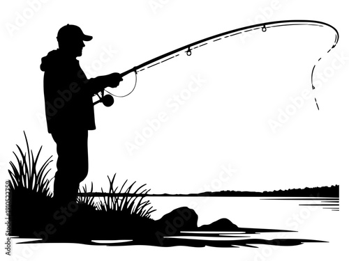 Ein Angler beim Auswerfen der Rute als geschlossene Silhouette. Perfekt für Outdoor-, Hobby- oder Vereinsgravuren.ki Generiert