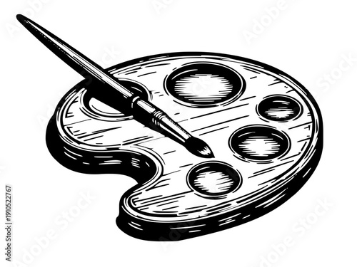 Eine minimalistische Künstler-Farbpalette mit wenigen Farbmulden und einem Pinsel. Klare, reduzierte Linien für saubere Lasergravuren. KI Generiert