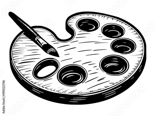 Eine minimalistische Künstler-Farbpalette mit wenigen Farbmulden und einem Pinsel. Klare, reduzierte Linien für saubere Lasergravuren. KI Generiert