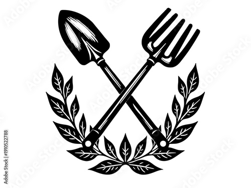 Gekreuzte Schaufel und Rechen mit Blättern als Badge-Motiv. Ideal für Hobbygärtner und Werkstatt-Dekoration.KI Generiert