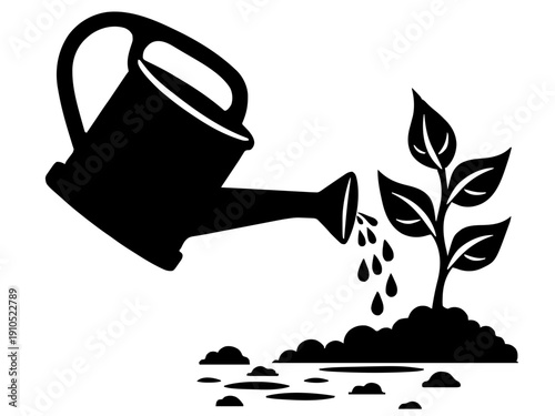 Eine Gießkanne, die eine wachsende Pflanze bewässert. Sehr geeignet für Gartenschilder oder personalisierte Geschenke.KI Generiert