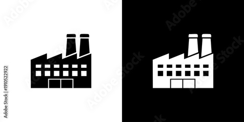Industrial building icons depicted in contrasting colors on dual backgrounds from a straightforward viewpoint