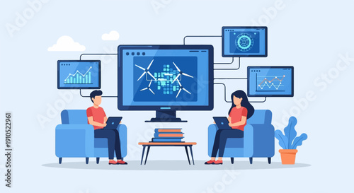 Diverse team collaborates on digital projects using monitors and laptops