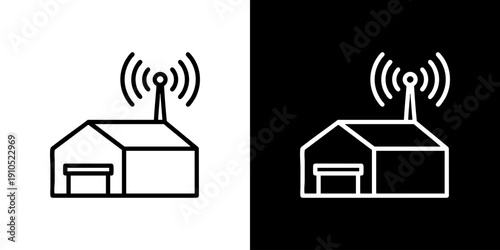 Simple line illustrations of a house or building with wireless signal icons on a contrasting background