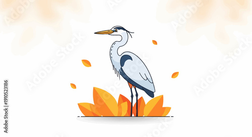 Elegant grey heron stands amidst stylized autumn foliage and soft cloud-like shapes