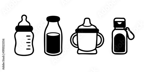 Collection of baby feeding essentials including bottles and cups illustrated in simple black lines on a clean background viewed from the front