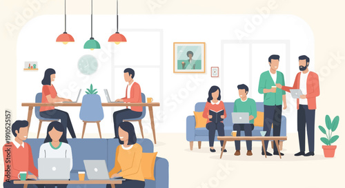 Diverse group works collaboratively in a bright, modern coworking space