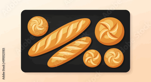 Flat lay of fresh golden-brown bread loaves and rolls on a dark surface