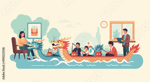 Flat illustration of a dragon boat race with people paddling and cheering