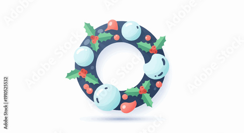 Flat illustration of a festive wreath with holly berries and baubles
