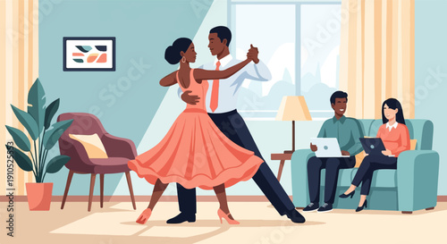 Diverse couples in a living room one dancing elegantly, the other working on laptops