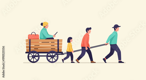 Family pulls cart with luggage, symbolizing journey and togetherness
