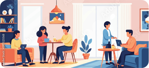 Diverse individuals collaborate and work remotely in a bright, modern indoor setting