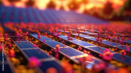 Futuristic Solar Panel Farm with Vibrant Orange and Blue Hues.