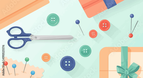 Flat lay of sewing supplies including scissors, buttons, and pins