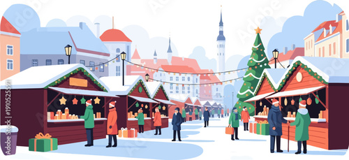 Festive winter market with decorated stalls, shoppers, and a Christmas tree