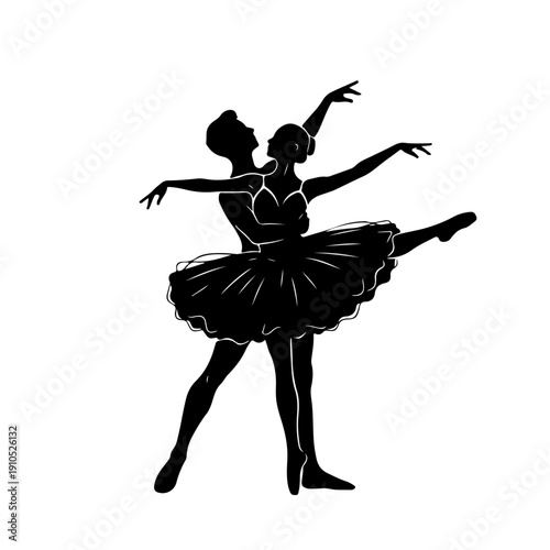 Silhouette ballerina dancer couple vector illustration featuring graceful ballet duet pose with elegant classical performance and romantic stage artistry.