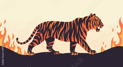 Fierce tiger strides through flames under a gradient sky