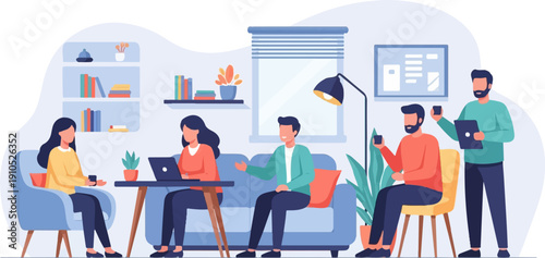 Diverse group collaborates in a modern office with laptops and tablets