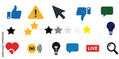 Thumbs up, ratings, lightbulb, speech bubble, vector icon set for social media feedback, review system, communication and engagement design