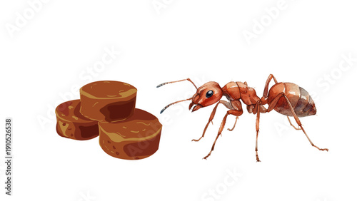 Red Ant with Brown Sugar Cubes Isolated on White
