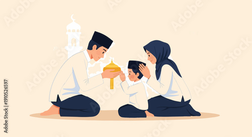 Family in traditional attire, celebrating a holiday, receiving a gift