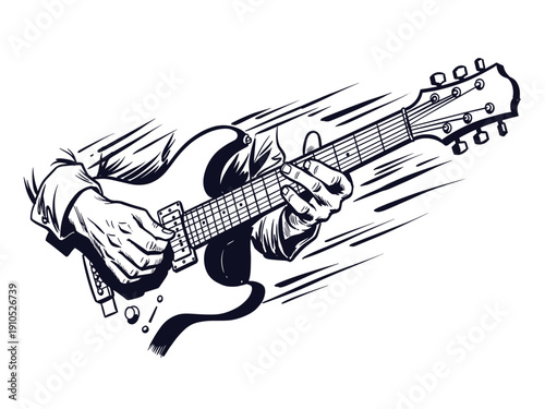 Dynamic Guitar Player Hands Drawing. Monochrome Rock Music Illustration with Energetic Motion Lines.