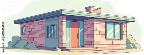 Flat-roofed brick house with blue trim and landscaping