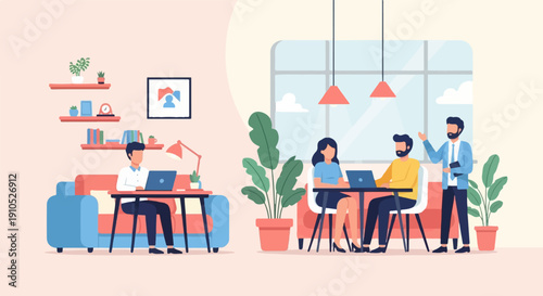 Diverse team collaborating in modern workspace with laptops and plants