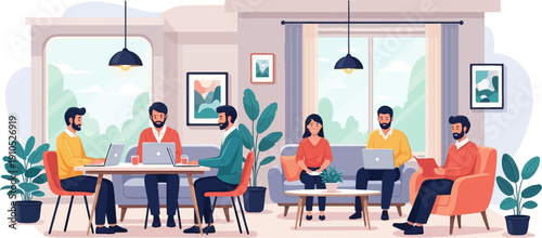Diverse group collaborating in a modern, bright co-working space