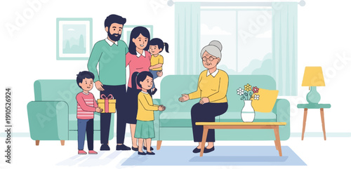 Family gathered in living room, presenting gift to grandmother
