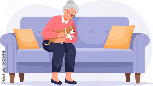 Elderly woman gently embraces a small, brown and white puppy on a sofa