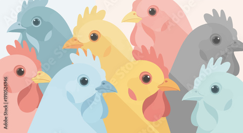Flock of colorful chickens in a pixel art style