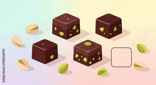 Delicious chocolate cubes with pistachios scattered around
