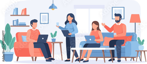 Diverse group collaborating in a modern, casual office space