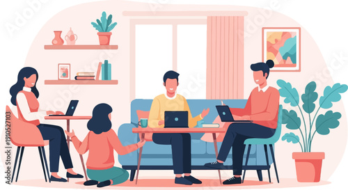 Diverse team collaborating on laptops in a modern, bright living room setting