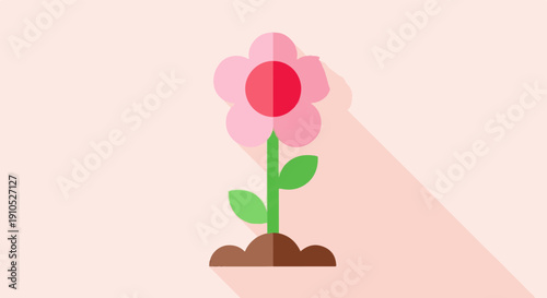 Flat illustration of a pink flower with red center, green stem, leaves, and brown soil